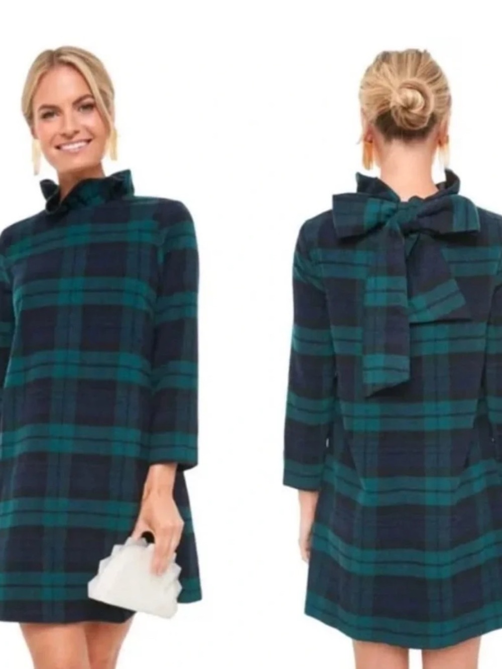 Women’s Dark Green & Black Plaid Ruffle Collar Dress